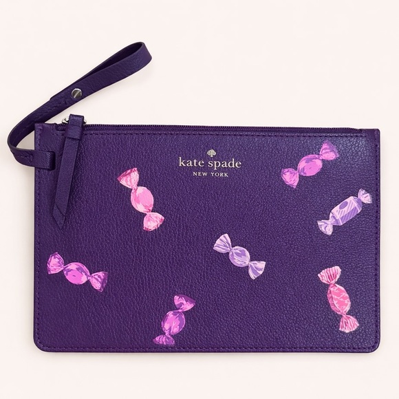 kate spade Handbags - Kate Spade Purple Candy Print Leather Wristlet Pouch EUC